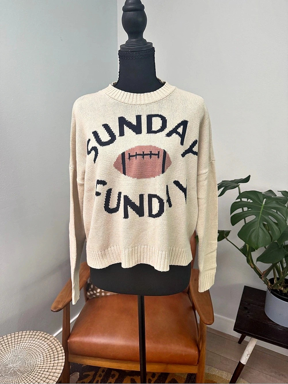 moon & madison Football Graphic Crewneck Sweater in Cream & Black NWT